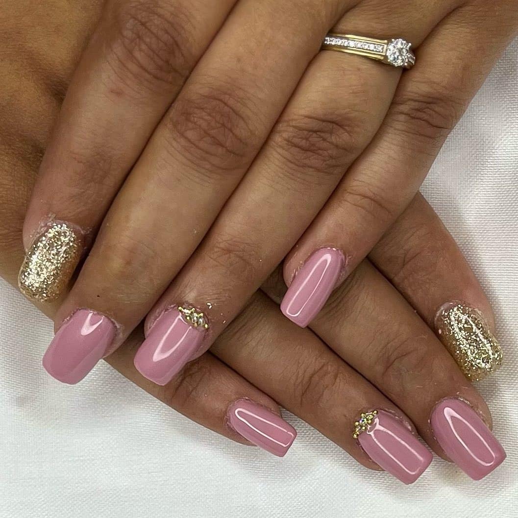 18. Dusty Rose Square Nails with Gold Glitter Accent - elegant bridal nail ideas