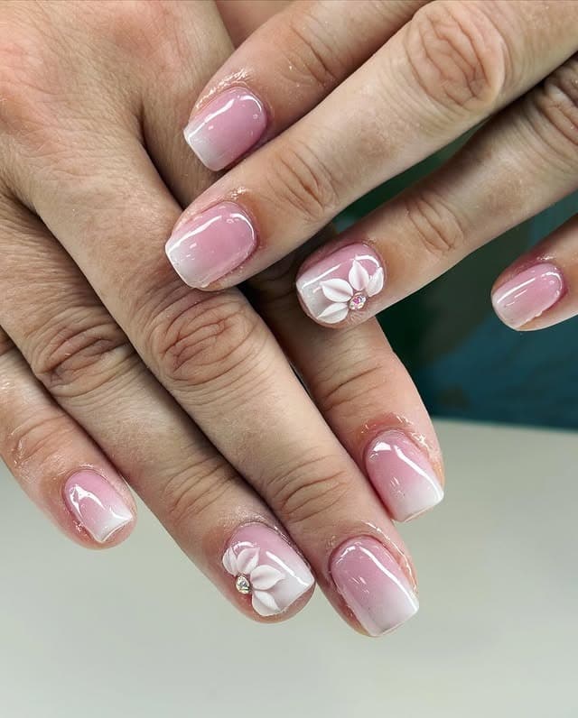 19. Baby Pink Ombre Square Nails with White Floral Detail - elegant bridal nail ideas