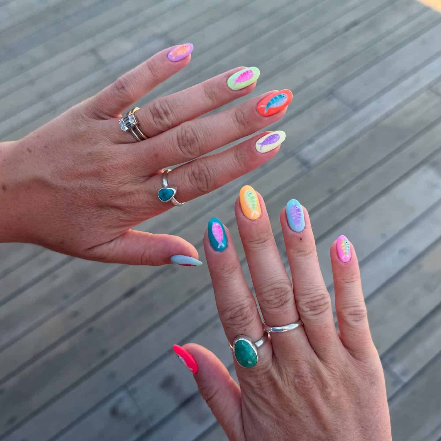 7. Neon Pop Oval Fish Nails - fish nail ideas