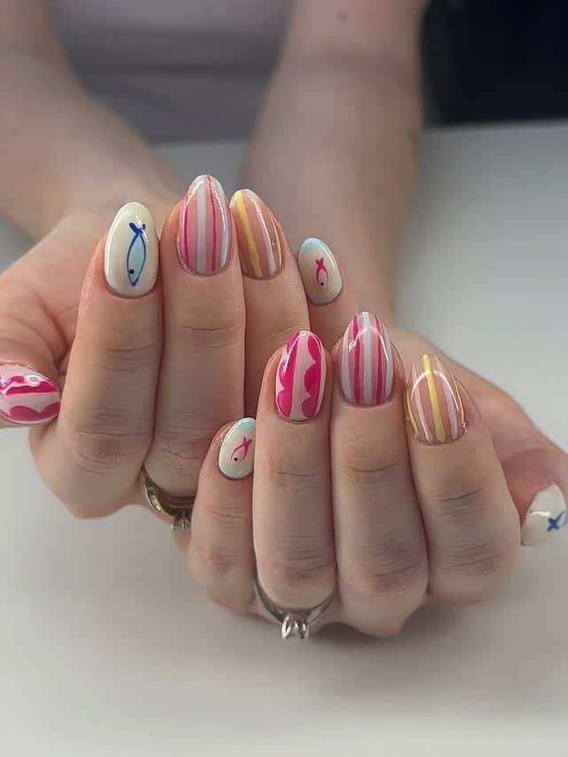 12. Retro Stripe Almond Nails in Pink, Peach & Butter Yellow - fish nail ideas