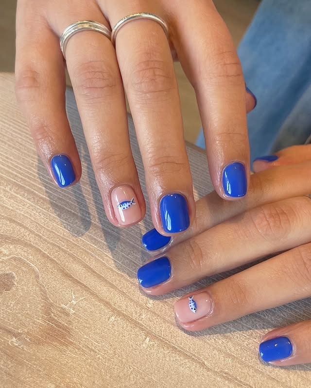 13. Royal Blue Short Square Nails with Micro Fish Accents - fish nail ideas