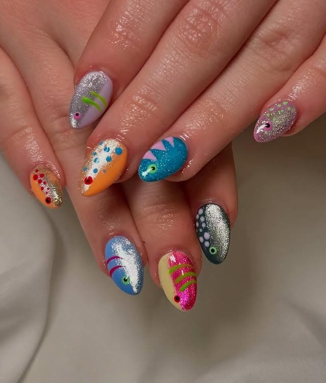 15. Glitter Rainbow Fish Almond Nails - fish nail ideas