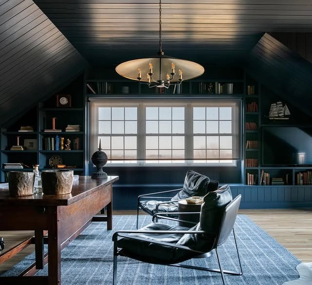 3. Moody Teal Attic Office with Library Shelving - masculine home office ideas