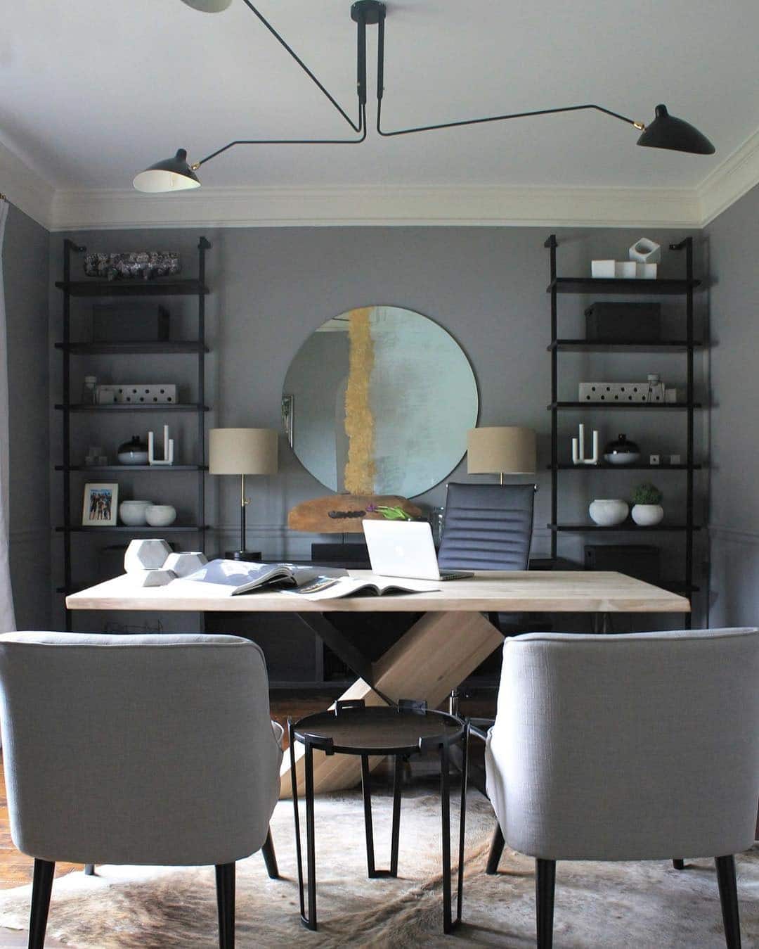 4. Contemporary Gray Office with Sculptural Desk Base - masculine home office ideas