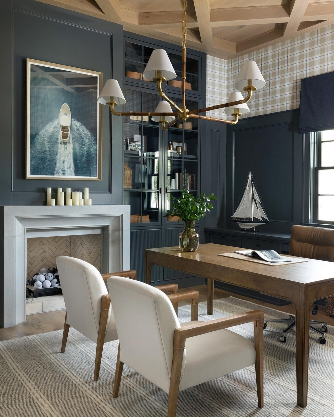 10. Refined Blue Office with Brass Chandelier & Plaid Accents - masculine home office ideas