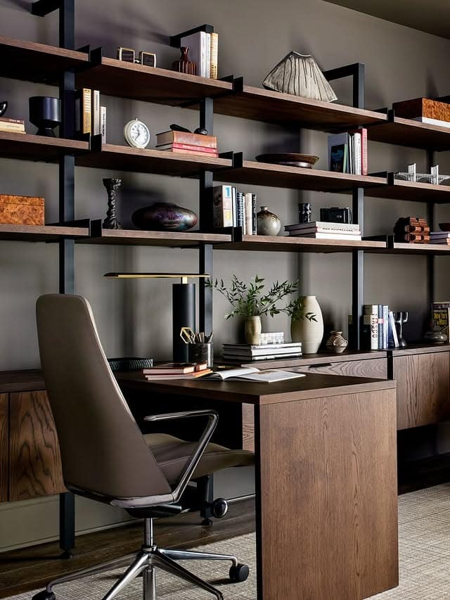 11. Walnut & Black Open-Shelf Office with Taupe Walls - masculine home office ideas