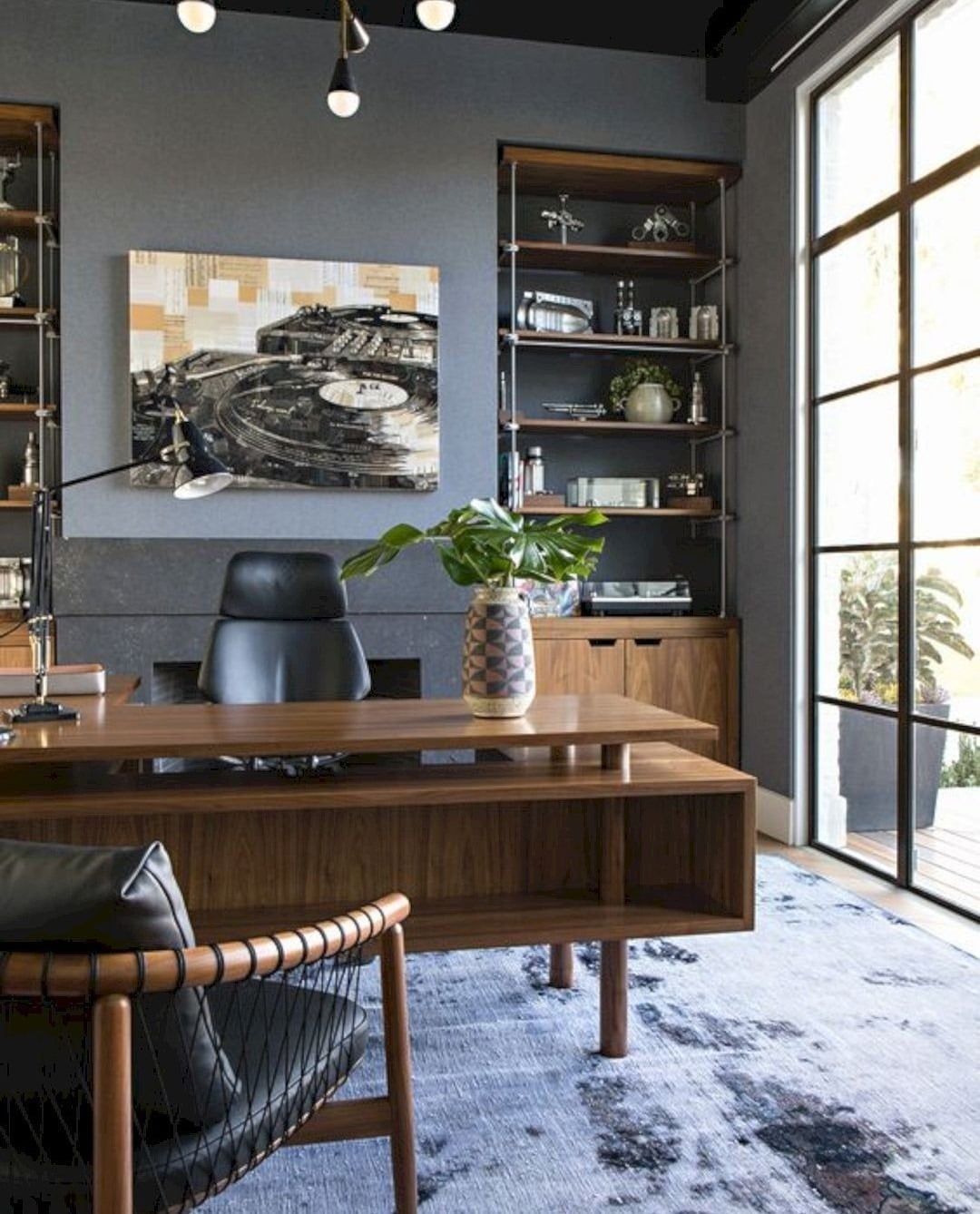 12. Charcoal Modern Office with Mid-Century Walnut Accents - masculine home office ideas