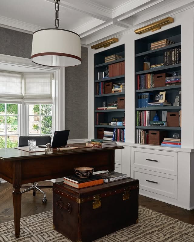 13. Navy Built-In Library Office with Crisp White Millwork - masculine home office ideas