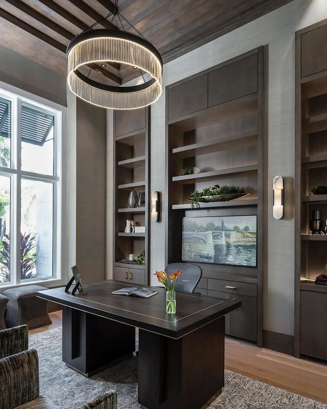 14. Warm Gray Executive Office with Wood Ceiling Detail - masculine home office ideas