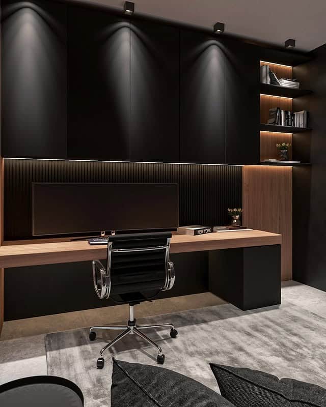 15. Matte Black Minimalist Office with Integrated Lighting - masculine home office ideas