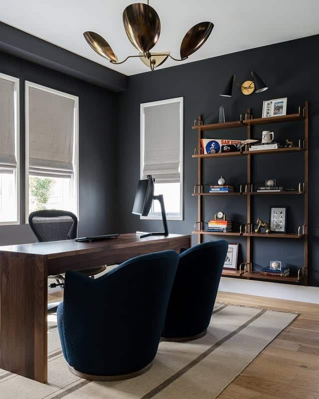 16. Deep Blue Office with Brass Sculptural Lighting - masculine home office ideas