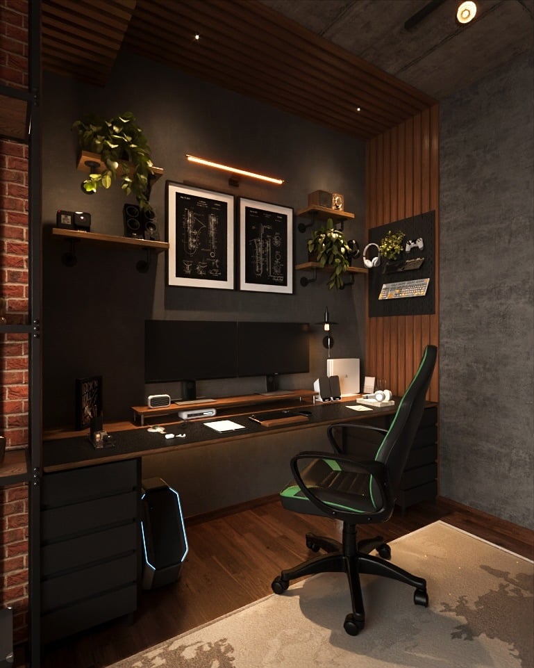 19. Industrial Charcoal Workspace with Wood Slat Feature Wall - masculine home office ideas