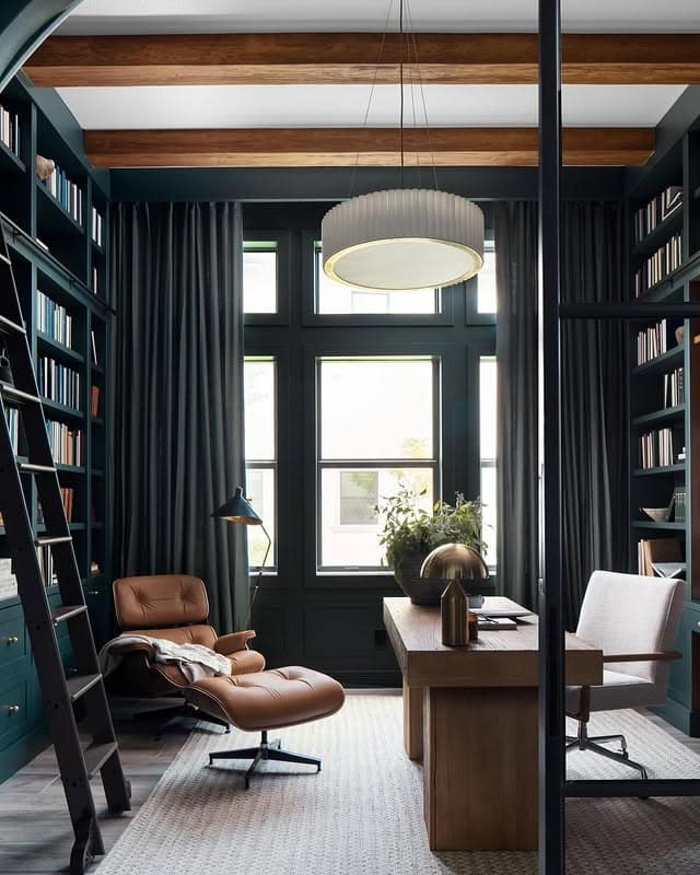 20. Deep Teal Library Office with Leather Lounge Chair - masculine home office ideas