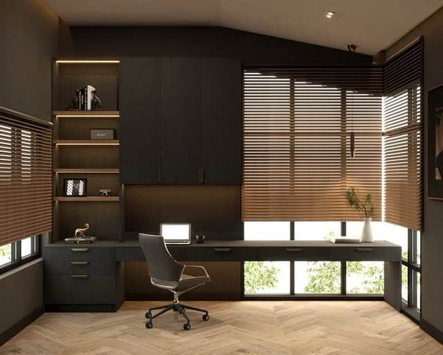 21. Espresso Brown Corner Office with Integrated Cabinetry - masculine home office ideas