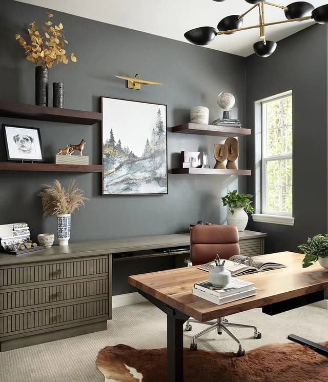 22. Olive Gray Office with Walnut Desk and Brass Accents - masculine home office ideas