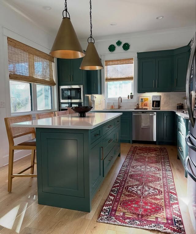 8. Deep Teal Cabinets with Warm Metallic Lighting - dark cabinets kitchen ideas