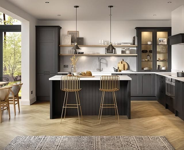 20. Charcoal Gray Cabinets with Open Shelving Detail - dark cabinets kitchen ideas