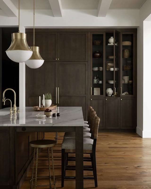 22. Dark Walnut Cabinets with Glass-Front Display Storage - dark cabinets kitchen ideas