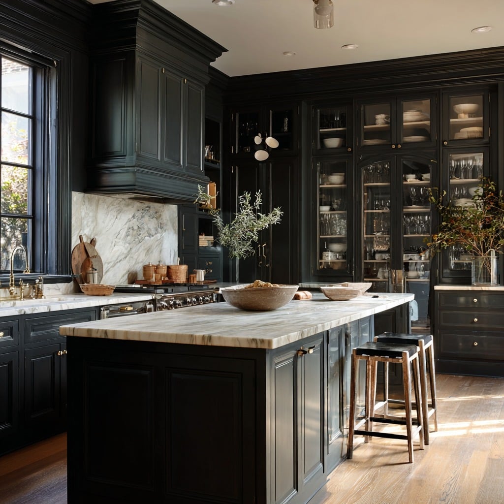 1. Classic Black and Marble Statement Kitchen - black cabinets kitchen ideas