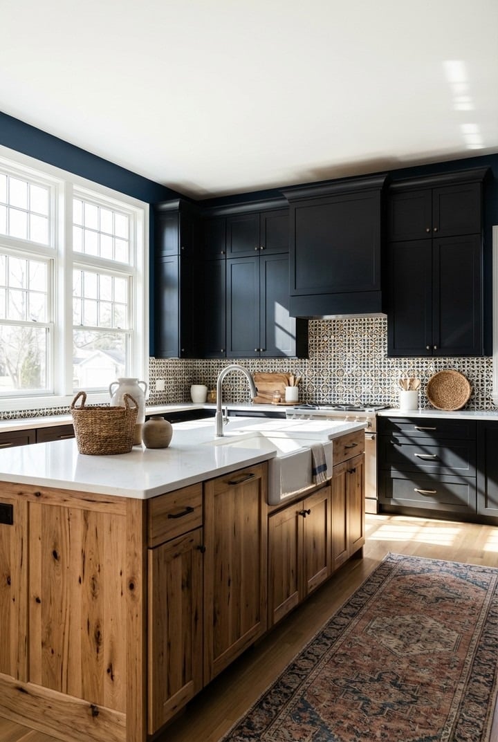 5. Black Upper Cabinets with Natural Wood Island - black cabinets kitchen ideas