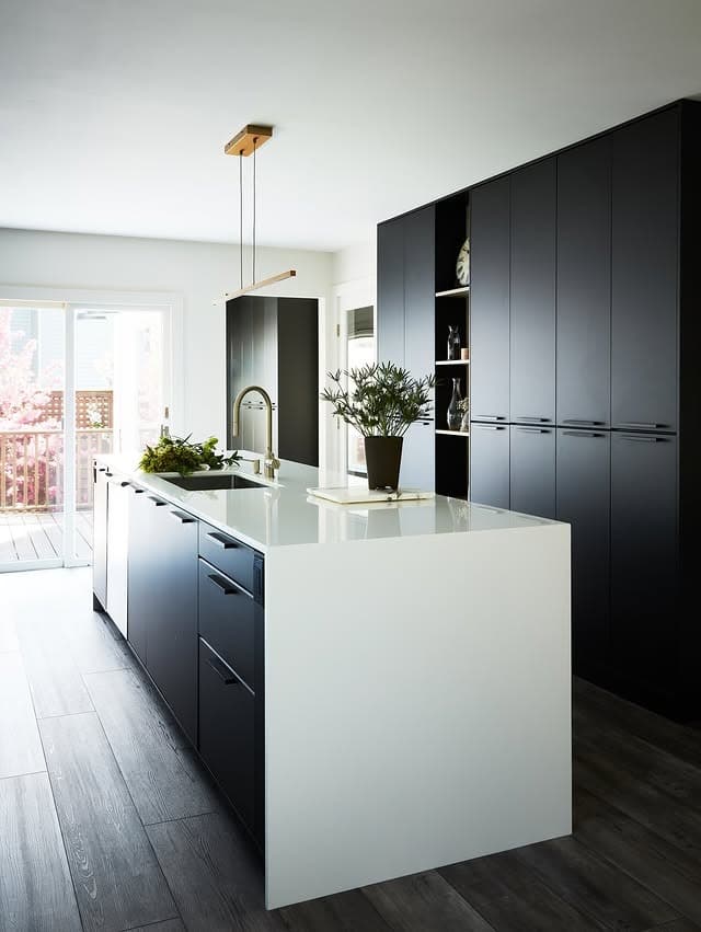 6. Minimalist Matte Black and White Kitchen - black cabinets kitchen ideas