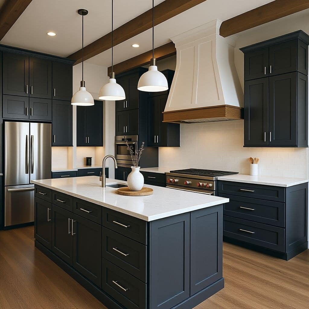 14. Classic Black Shaker Kitchen with Warm Wood Accents - black cabinets kitchen ideas