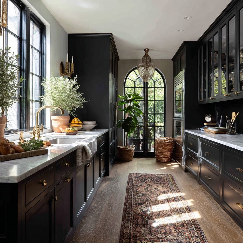 16. Moody Black Galley Kitchen with Natural Light - black cabinets kitchen ideas