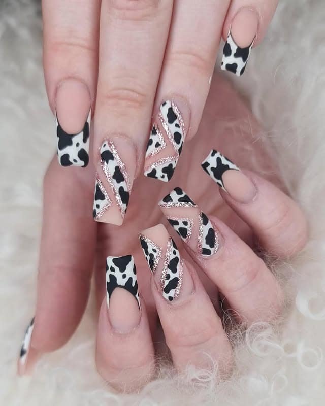 3. Cow Print Geometric French - formal nail ideas
