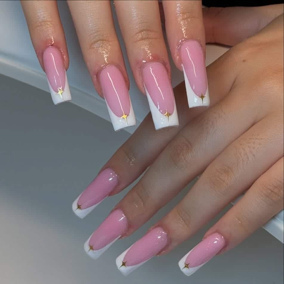 5. Blush Pink Square French with Gold Stars - formal nail ideas