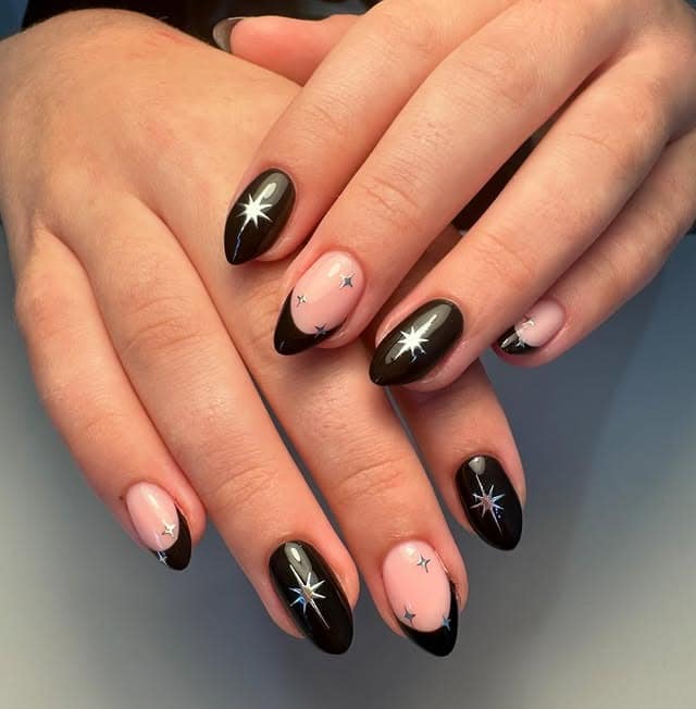 6. Black and Nude Celestial Almond - formal nail ideas