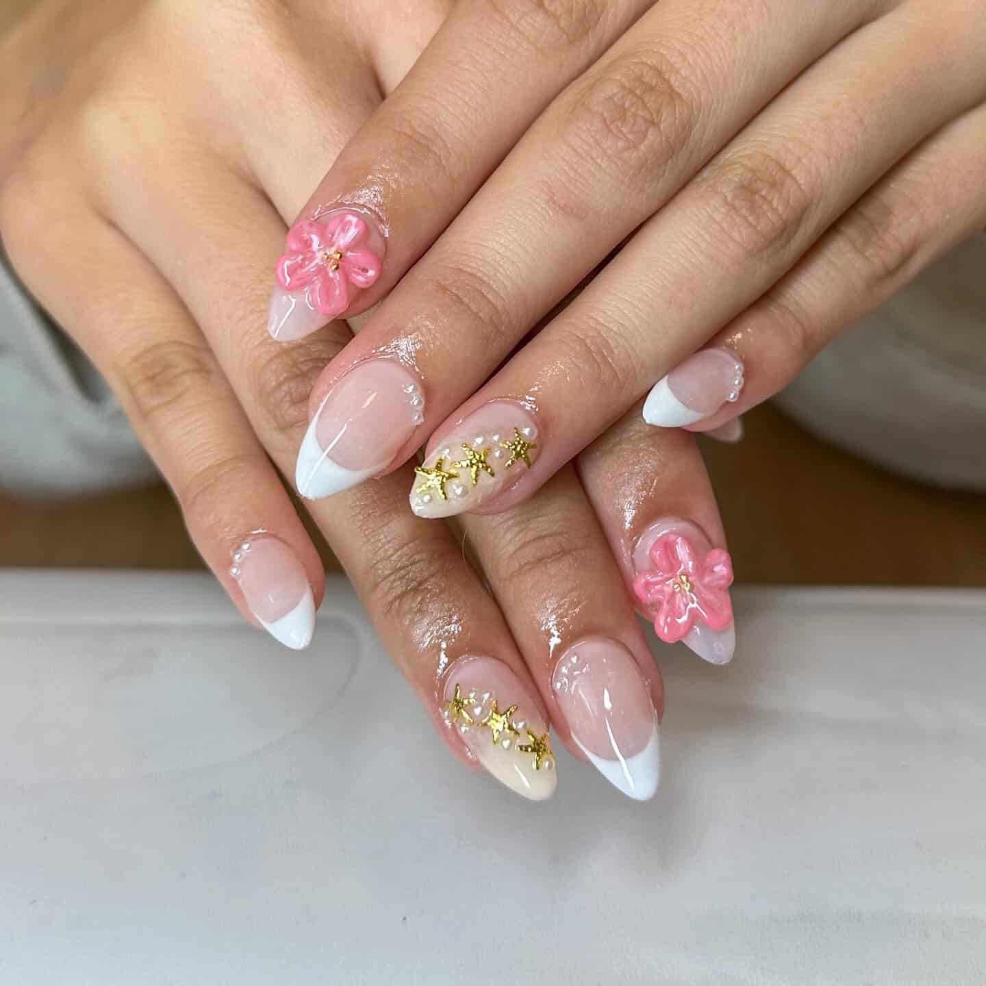 8. Floral Embellished White French - formal nail ideas