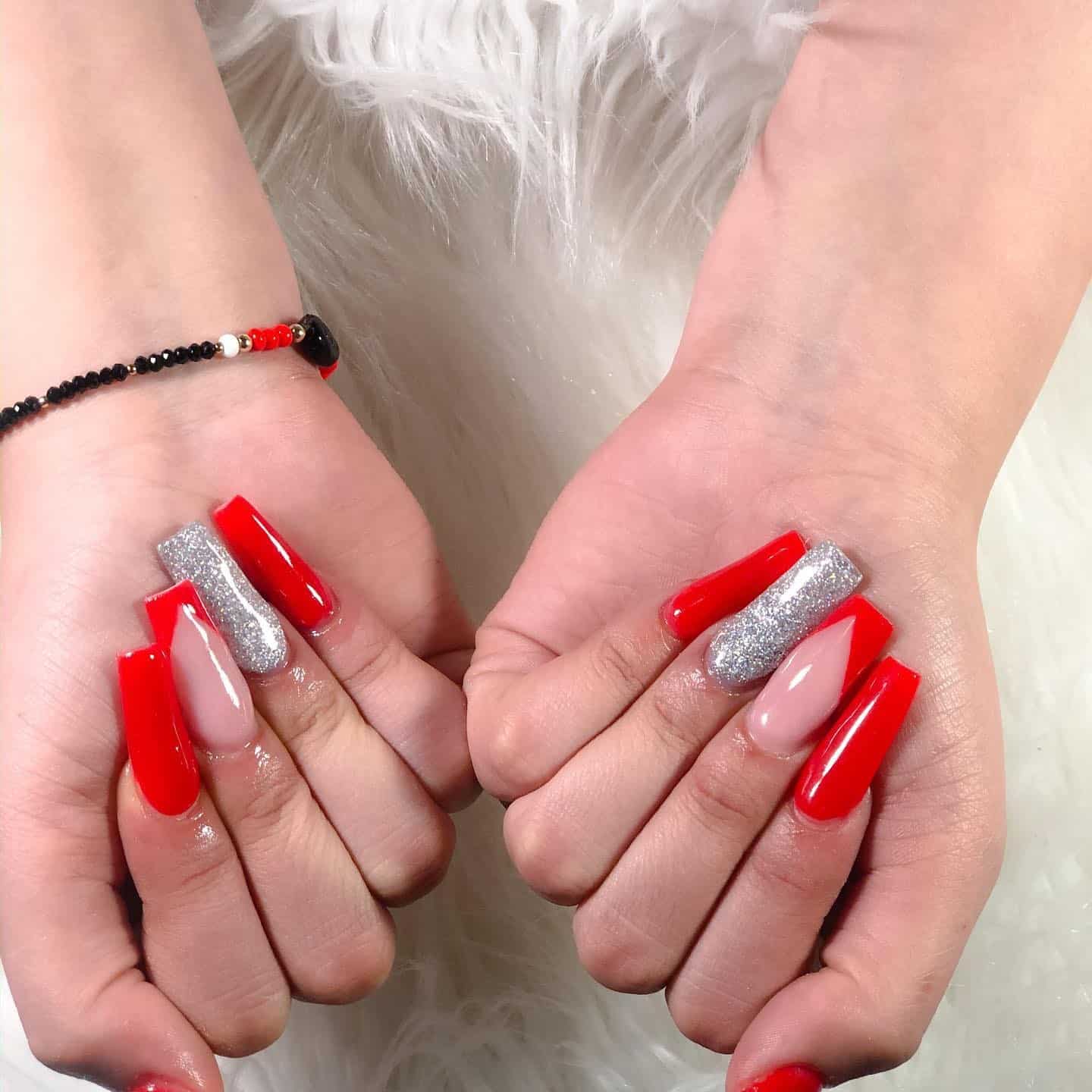 10. Red and Silver Glam Coffin - formal nail ideas