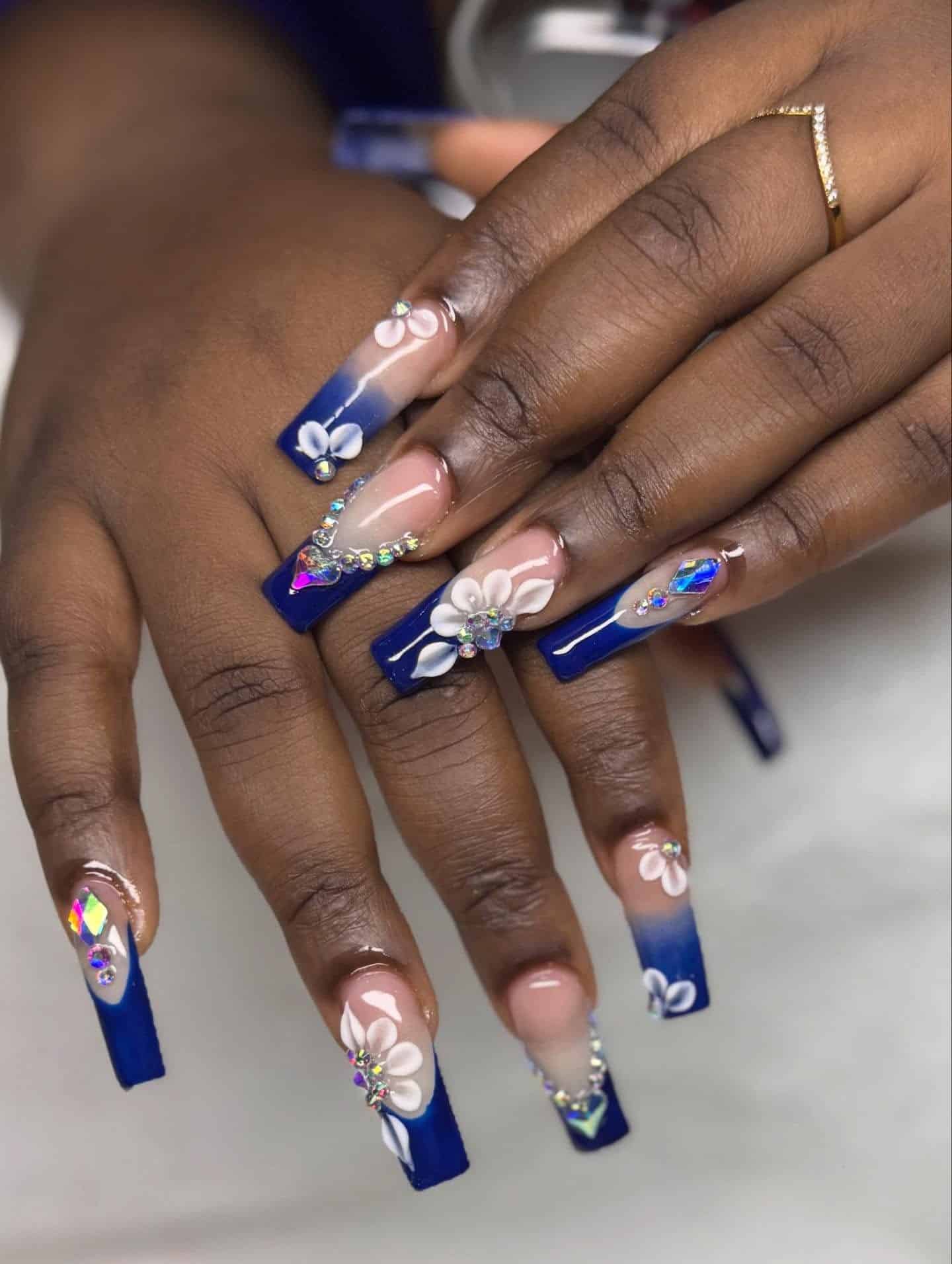 12. Royal Blue Ombre Square with 3D Floral Crystals - formal nail ideas