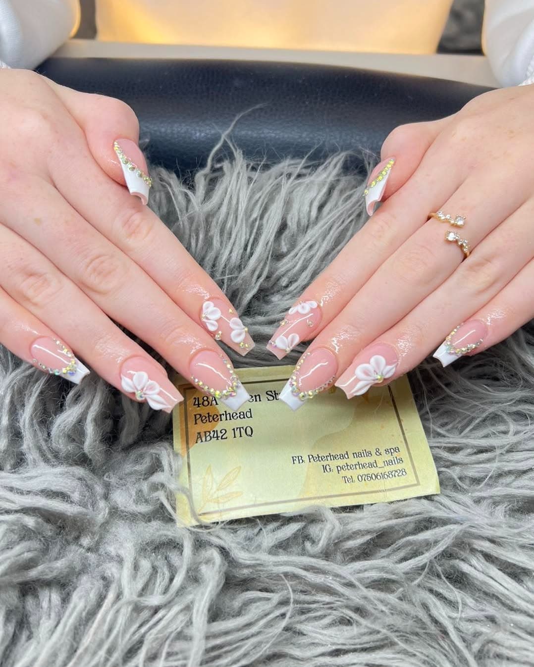 13. Soft Pink French with White Floral Appliqué - formal nail ideas