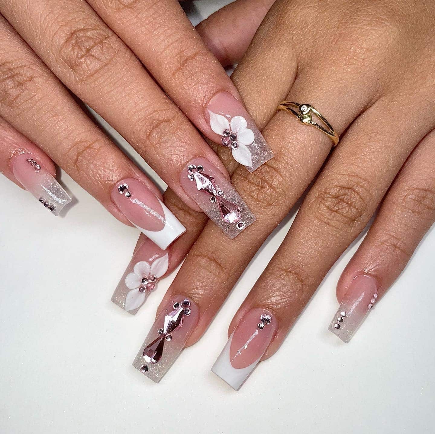 14. Blush and Silver Glitter Coffin with Statement Gems - formal nail ideas