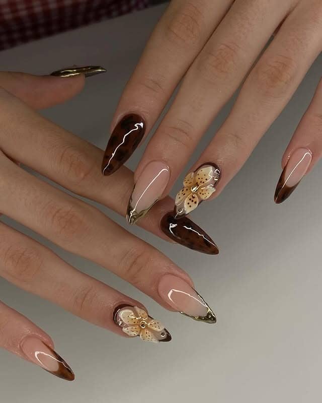 17. Chocolate Brown Stiletto with Gold Chrome Tips - formal nail ideas