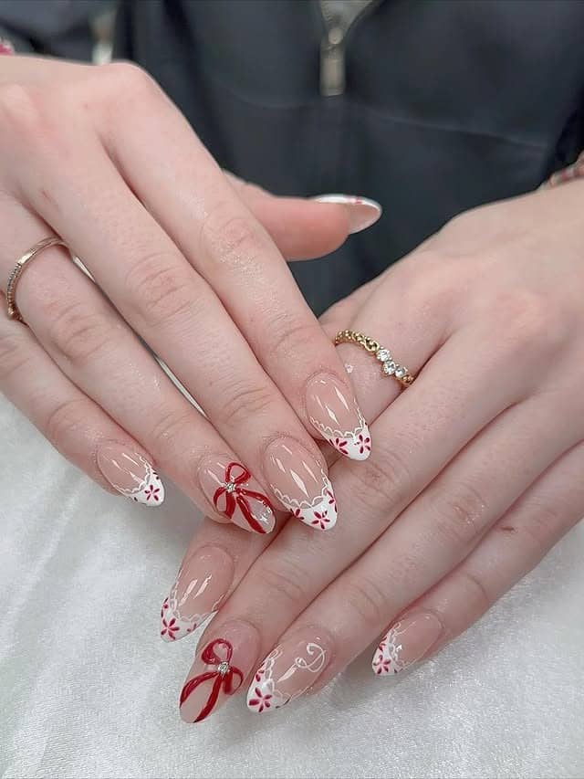 19. Red Ribbon Almond with Lace French Detail - formal nail ideas