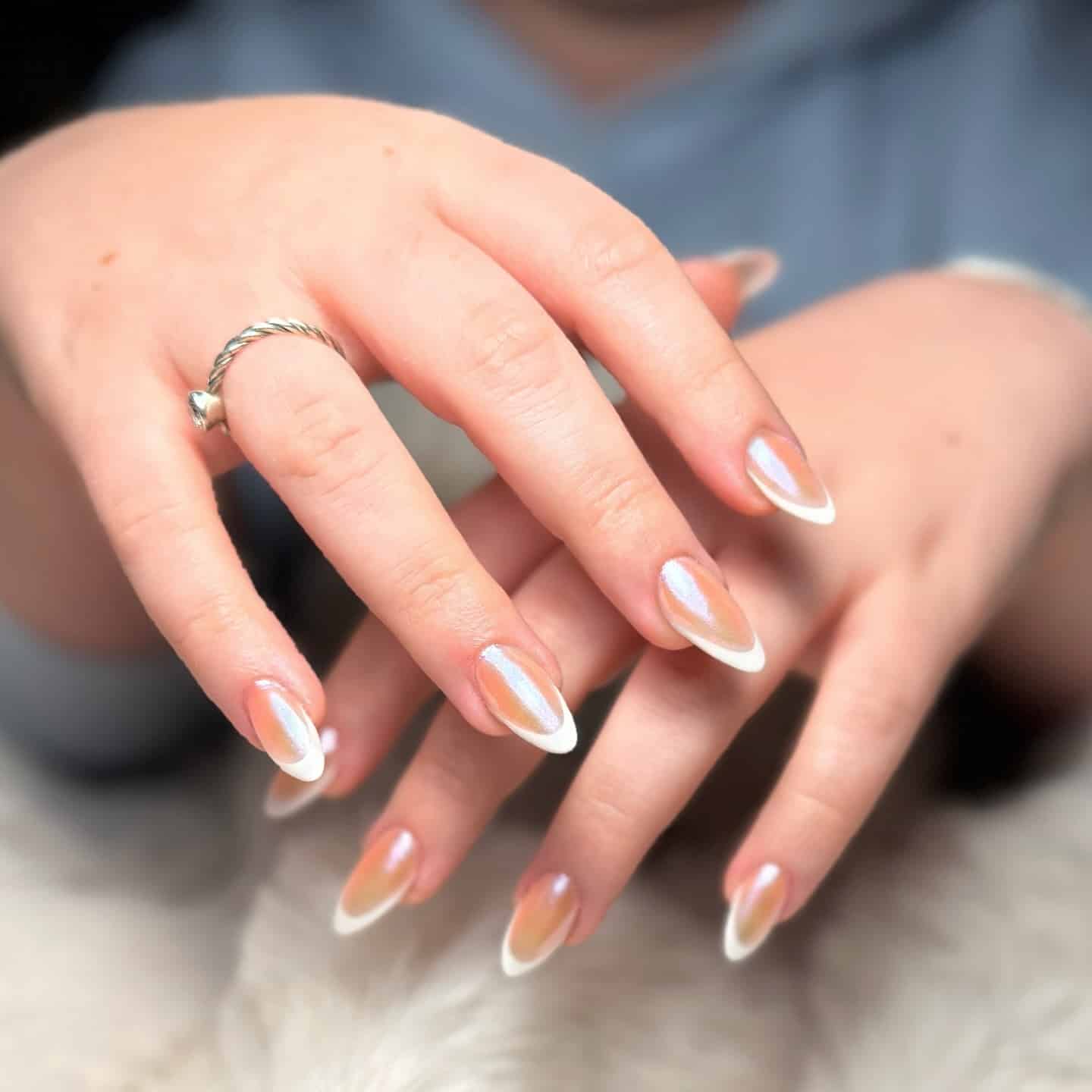 20. Pearl Chrome Almond French - formal nail ideas