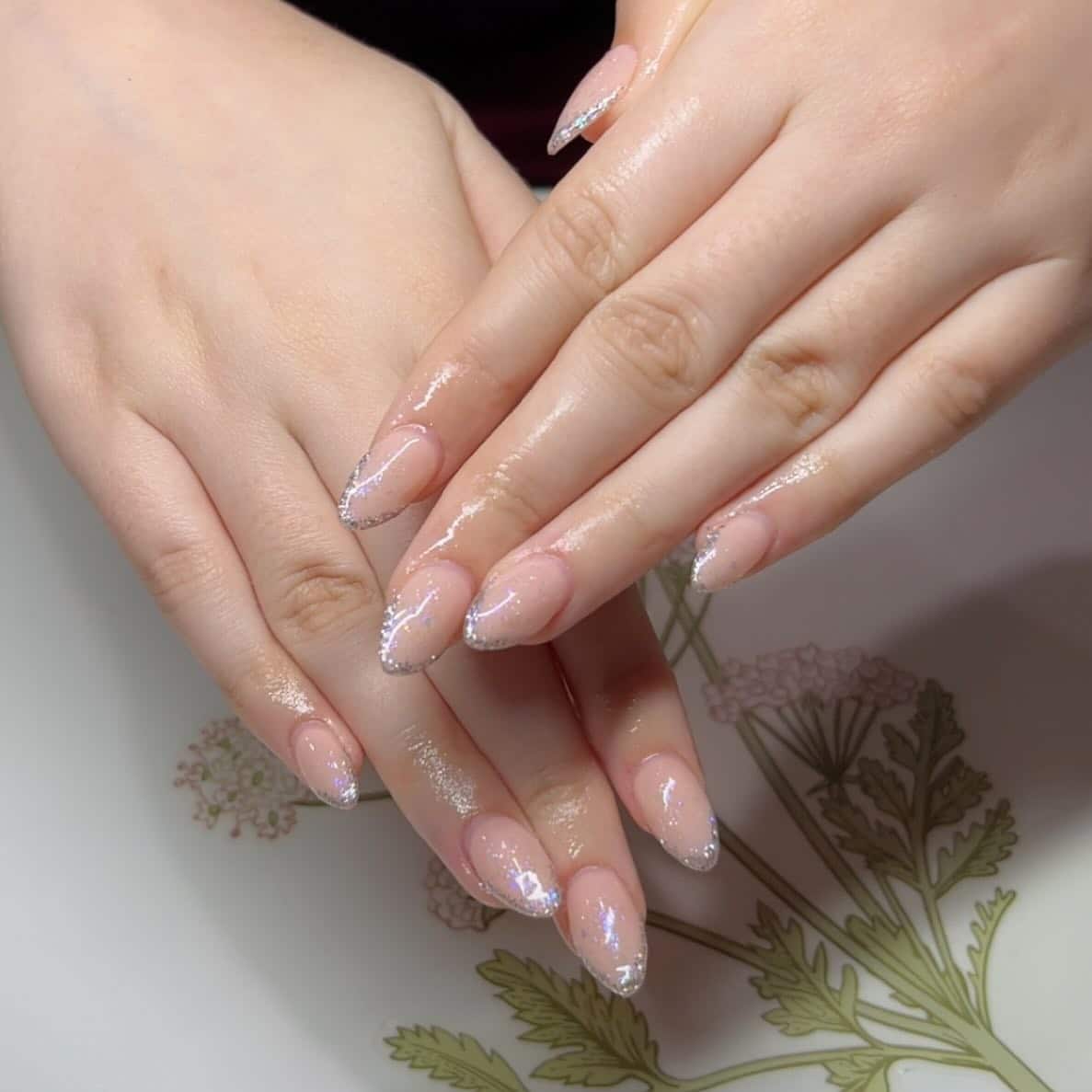 21. Blush Pink Almond with Iridescent Glitter French - formal nail ideas