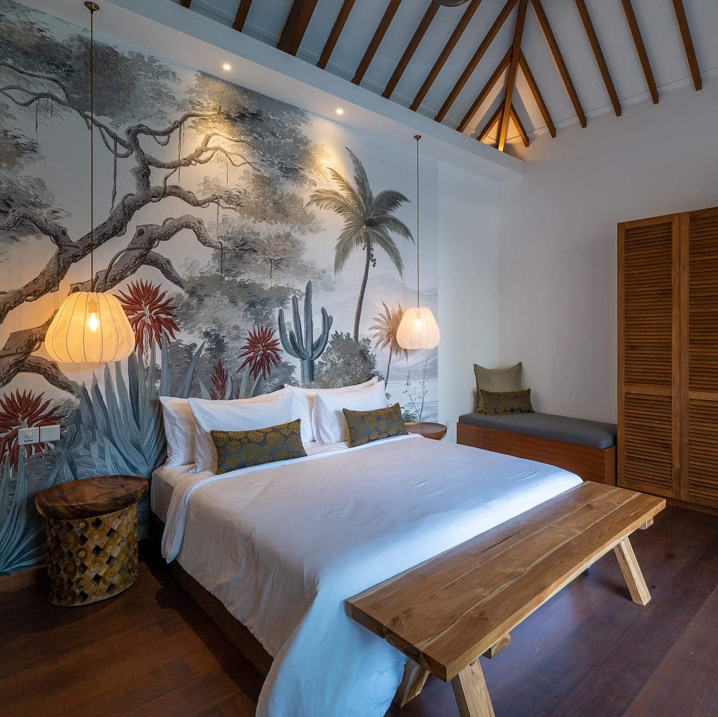 1. Hand-Painted Tropical Mural Bedroom in Sage Green and Terracotta - tropical bedroom ideas