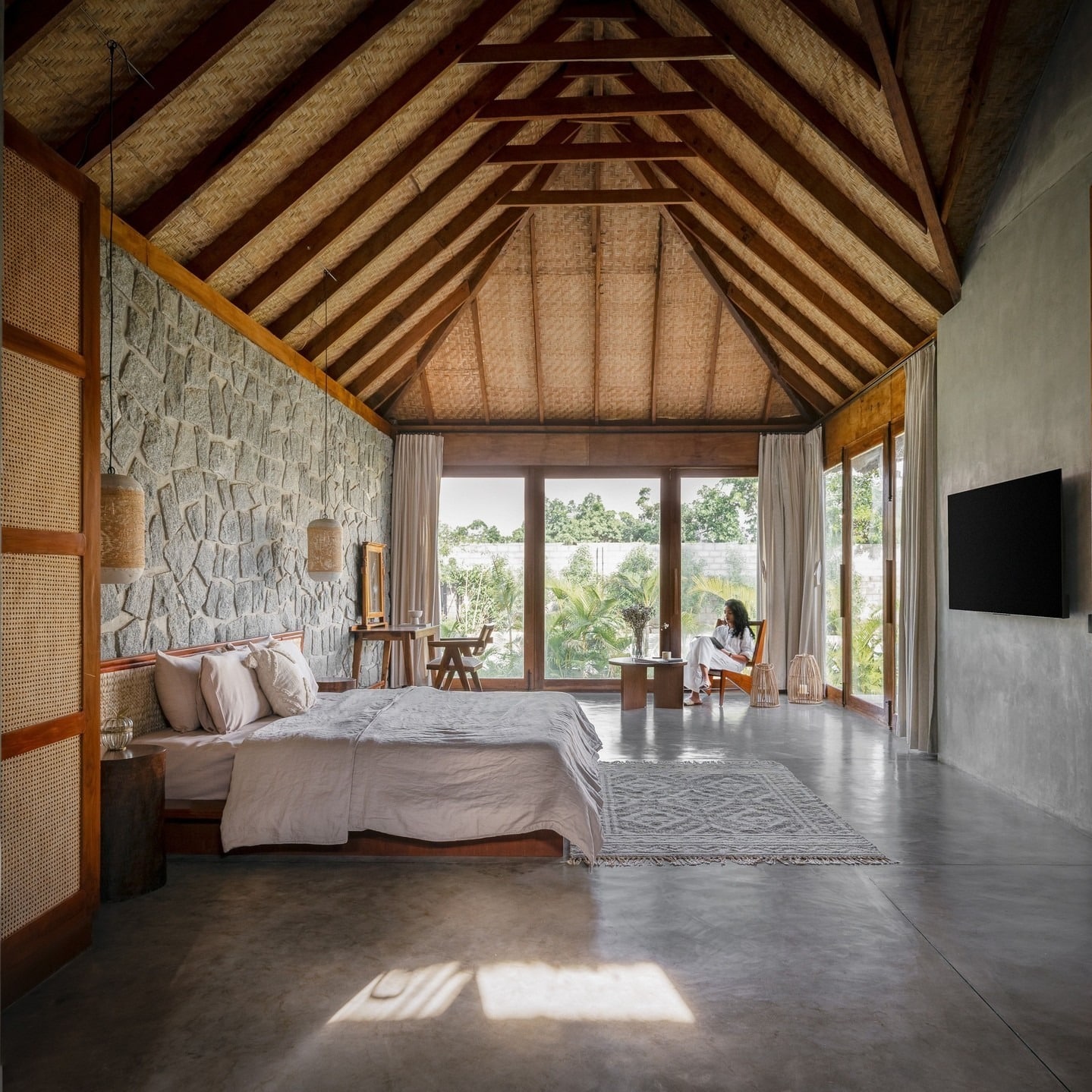 2. Vaulted Bamboo Retreat in Stone Grey and Natural Wood - tropical bedroom ideas