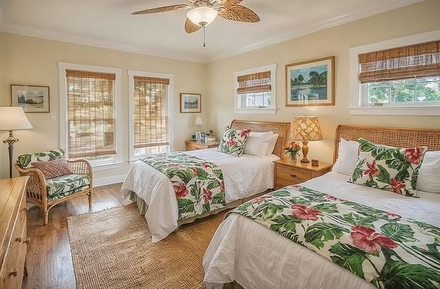 5. Classic Palm Twin Bedroom in Cream and Leaf Green - tropical bedroom ideas