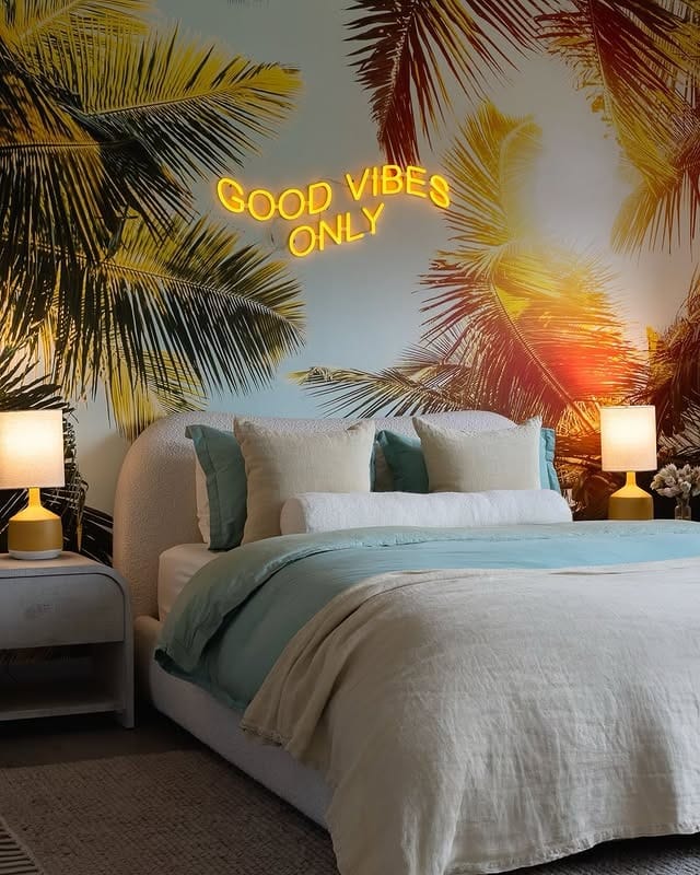 8. Coastal Sunset Bedroom in Teal and Golden Yellow - tropical bedroom ideas