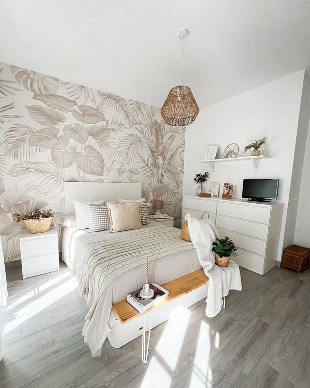 9. Light-Filled Botanical Bedroom in Beige and White - tropical bedroom ideas