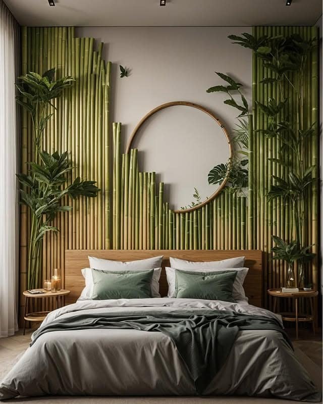 10. Modern Bamboo Feature Wall in Olive and Natural Oak - tropical bedroom ideas