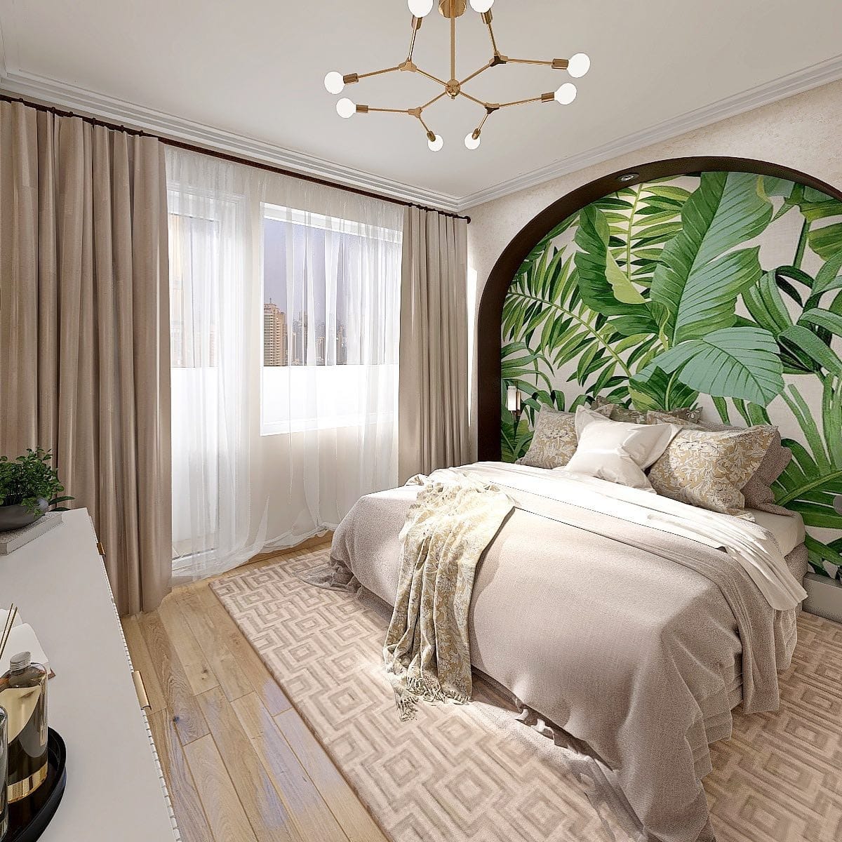 11. Arched Palm Feature Wall in Emerald and Cream - tropical bedroom ideas