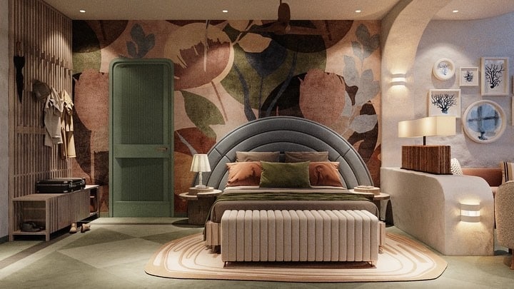 12. Artistic Tropical Mural Bedroom in Terracotta and Olive - tropical bedroom ideas