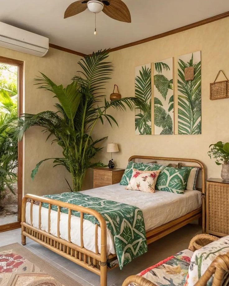 16. Rattan Island Bedroom in Green and Honey - tropical bedroom ideas