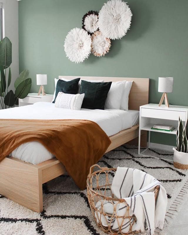 17. Modern Tropical Accent Wall in Sage and Caramel - tropical bedroom ideas