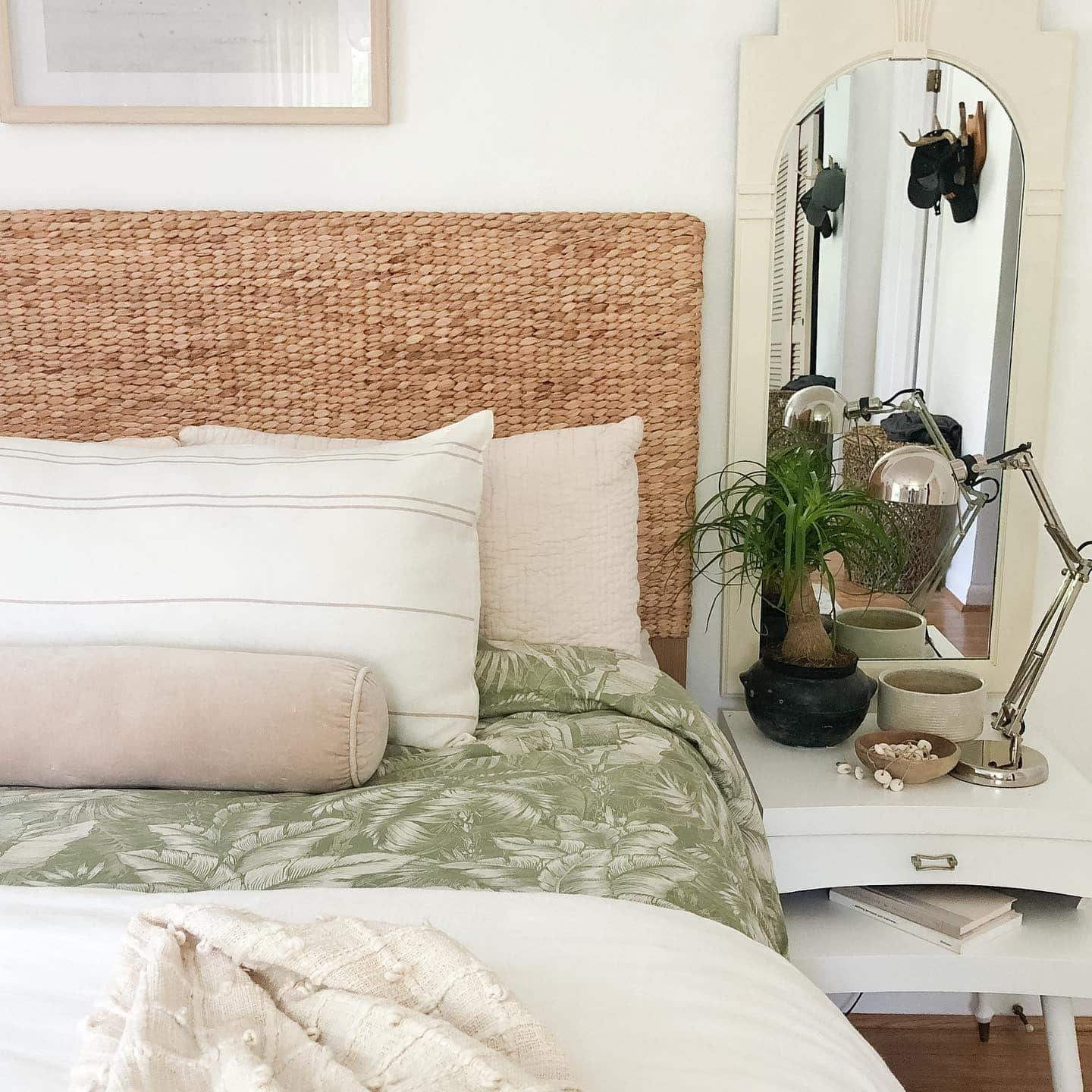18. Woven Headboard Retreat in Cream and Soft Green - tropical bedroom ideas